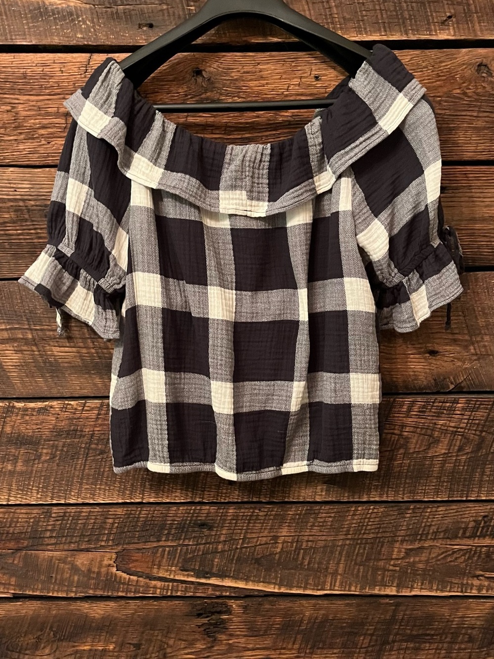 Anthropologie Porridge gingham check cotton gauzy ruffle neck blouse tie sleev - Picture 5 of 6